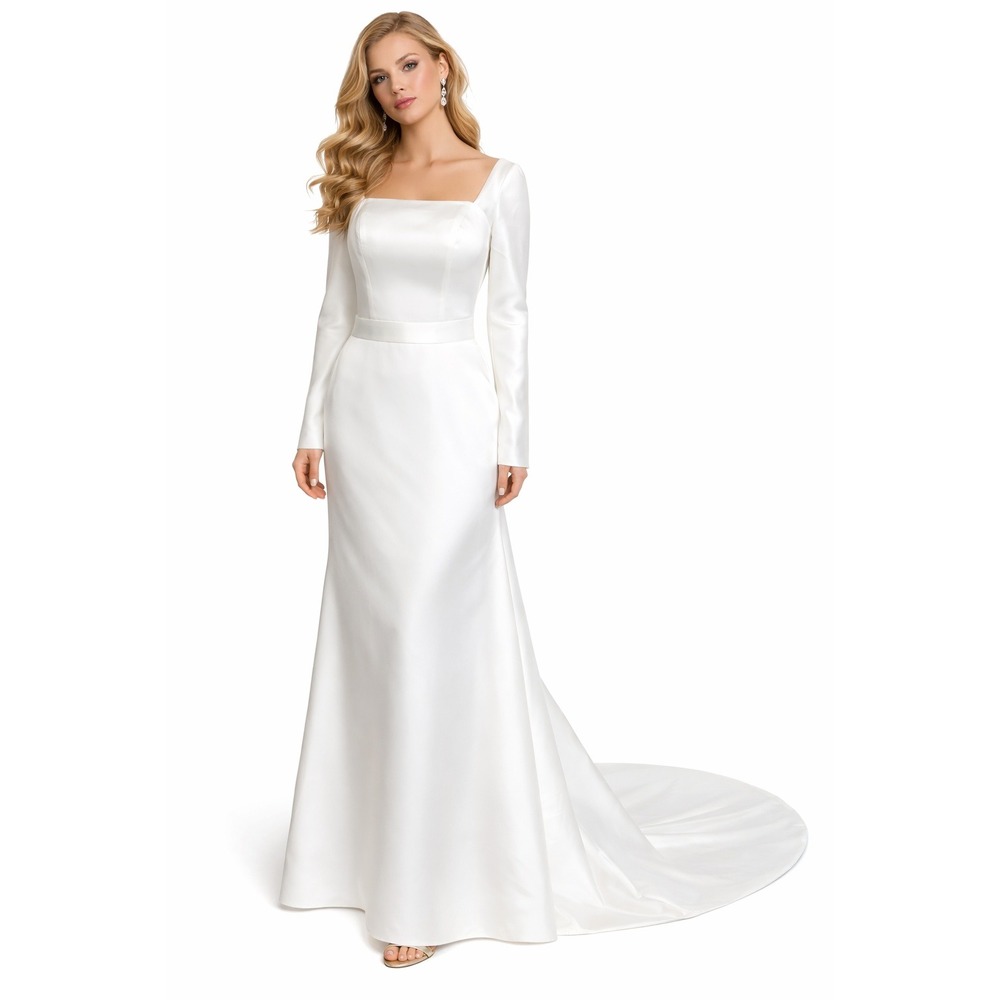 Hebeos White Satin Wedding‎ Gown Square Neck Open Back Mermaid Bridal Dress XS